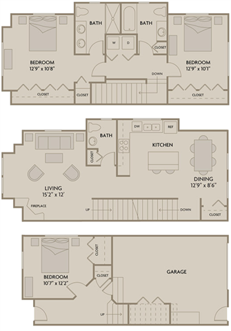 3 bed 2.5 Bath 1608 square feet floor plan D
